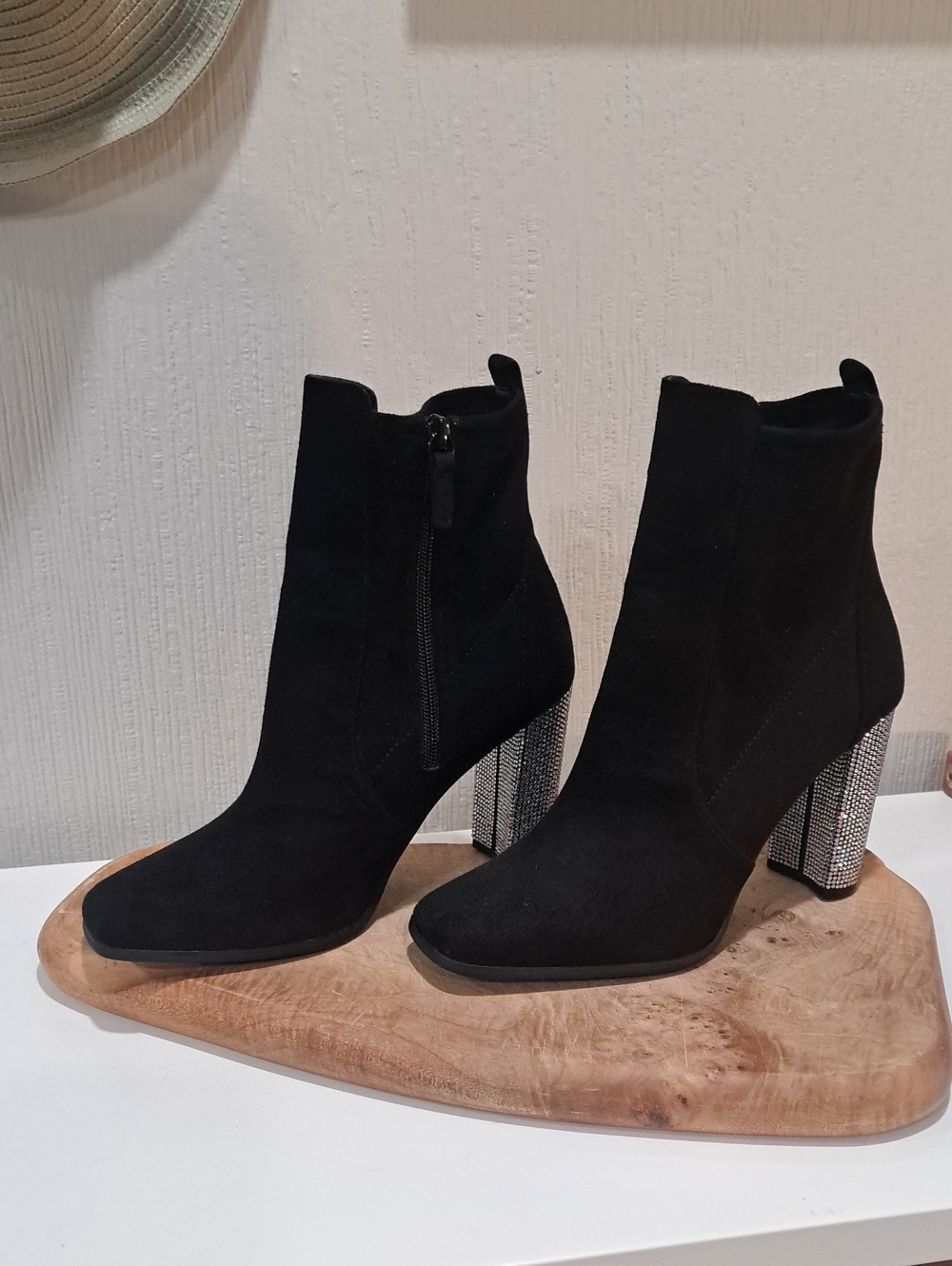 Aldo Black Suede Ankle Boots with Rhinestone Block Heel
